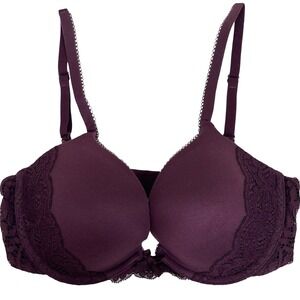 Victorias Secret Push Up Lace Trim Bra‎ Plum Purple 32D Padded Underwire